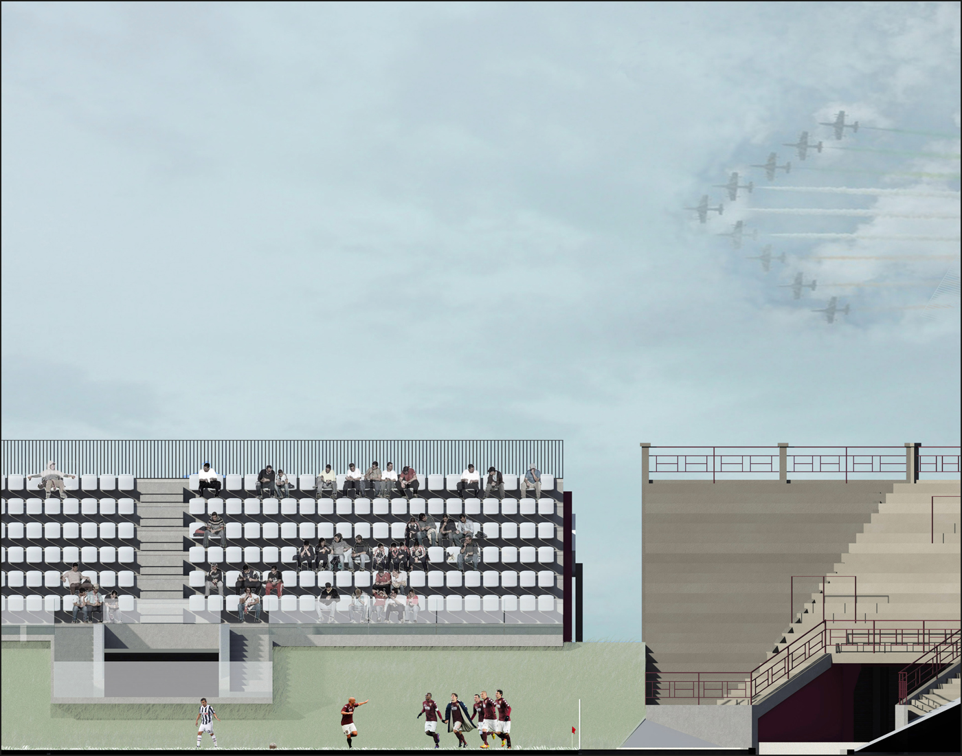 Nuovo Stadio Filadelfia a Torino. Progetto vincitore del concorso di idee. La tribuna storica e i nuovi spalti | Bottega di Architettura