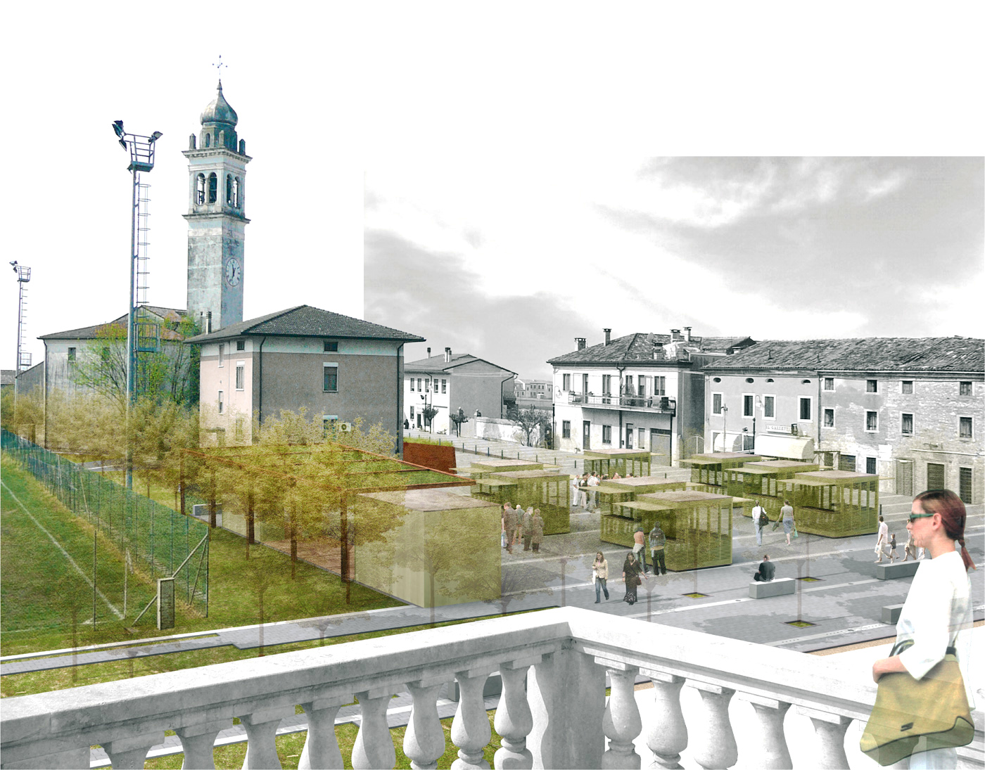 La nuova piazza di Asigliano Veneto, uno spazio pubblico tracciato dall'ombra a ricomporre i lembi sfrangiati del tessuto edilizio. Vista della zona sagra | Bottega di Architettura