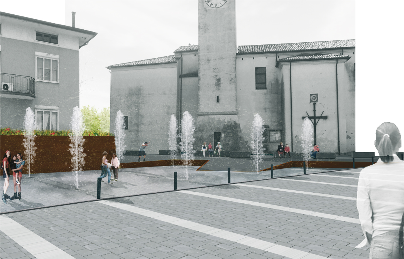 La nuova piazza di Asigliano Veneto, uno spazio pubblico tracciato dall'ombra a ricomporre i lembi sfrangiati del tessuto edilizio. Giochi d'acqua | Bottega di Architettura