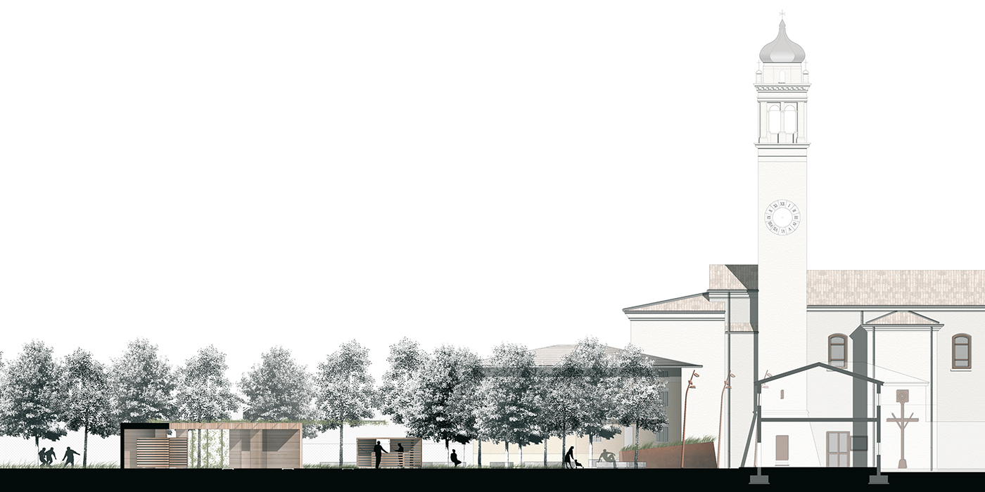 La nuova piazza di Asigliano Veneto, uno spazio pubblico tracciato dall'ombra a ricomporre i lembi sfrangiati del tessuto edilizio. Profilo longitudinale | Bottega di Architettura
