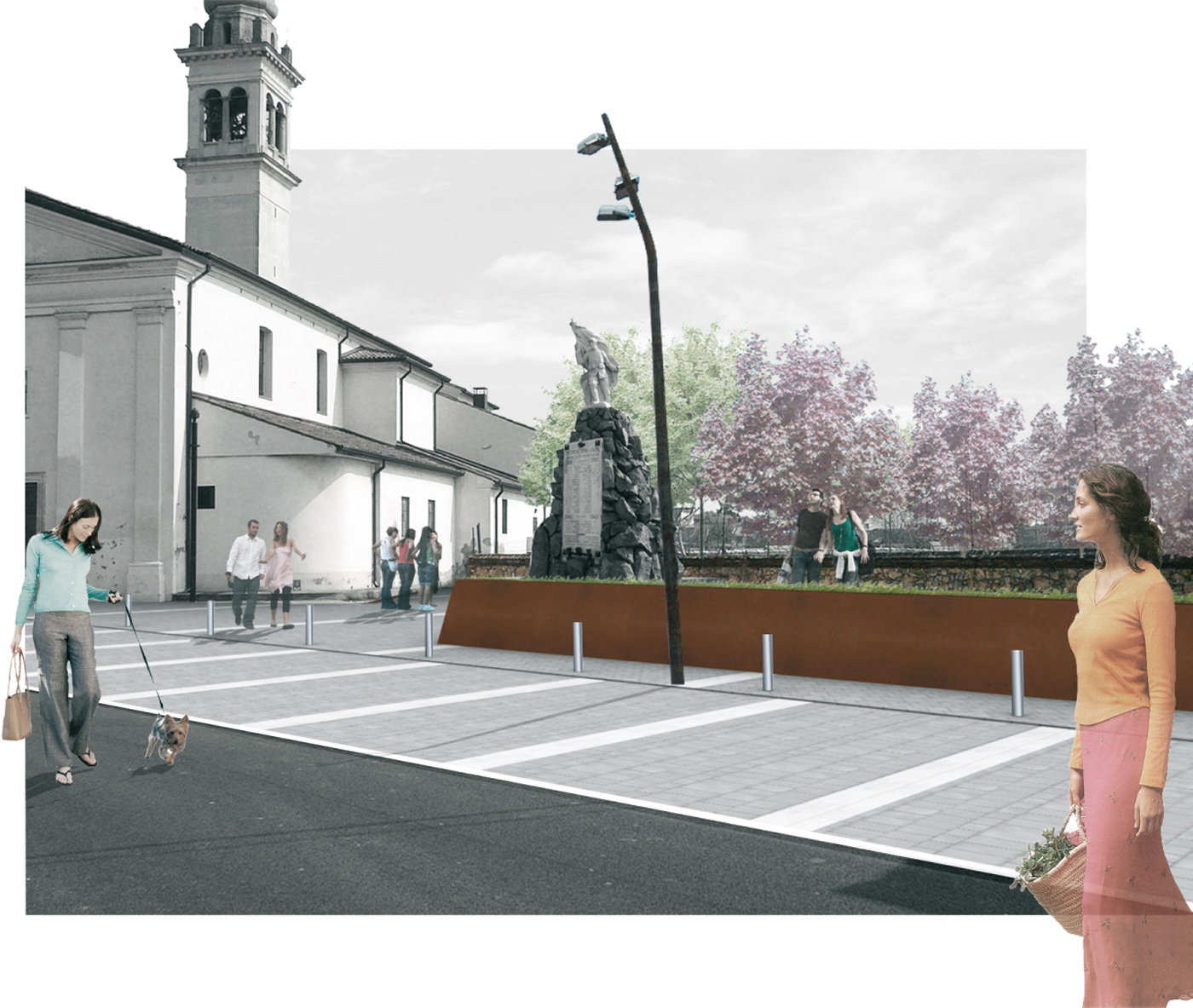 La nuova piazza di Asigliano Veneto, uno spazio pubblico tracciato dall'ombra a ricomporre i lembi sfrangiati del tessuto edilizio. La vista verso la chiesa | Bottega di Architettura