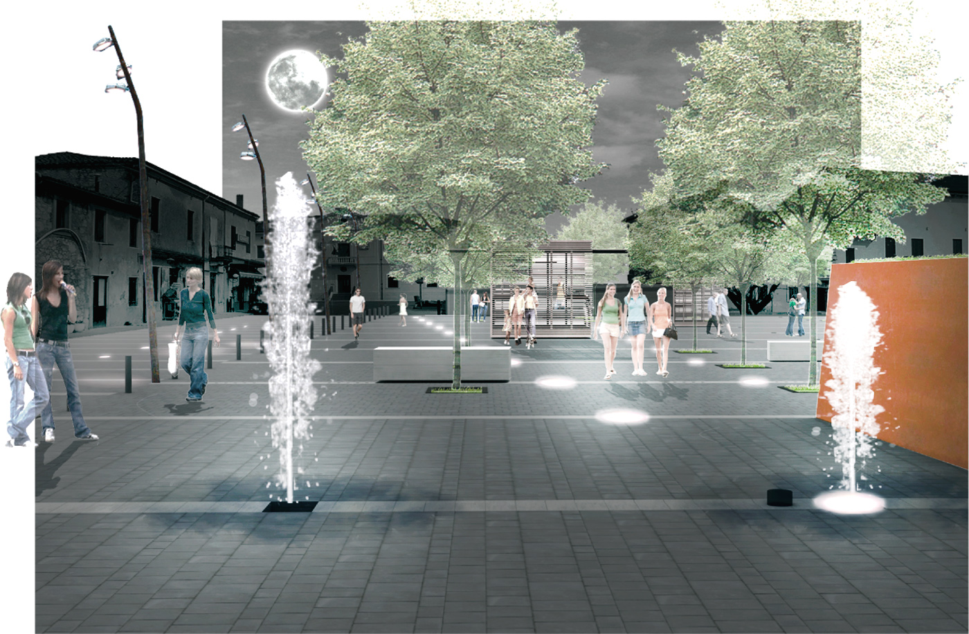 La nuova piazza di Asigliano Veneto, uno spazio pubblico tracciato dall'ombra a ricomporre i lembi sfrangiati del tessuto edilizio. Di notte | Bottega di Architettura