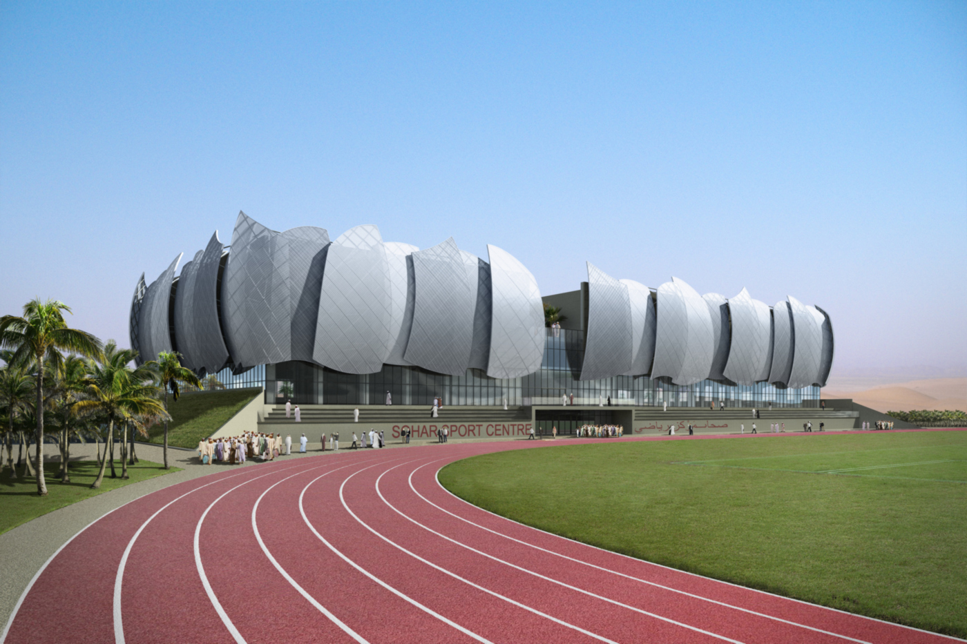 Il nuovo centro sportivo della Sohar University, in Oman, con le sue iconiche vele | project management | vista diurna | Bottega di Architettura