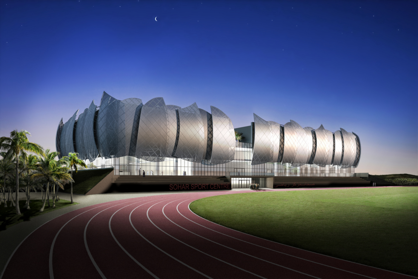 Il nuovo centro sportivo della Sohar University, in Oman, con le sue iconiche vele | project management | vista notturna | Bottega di Architettura