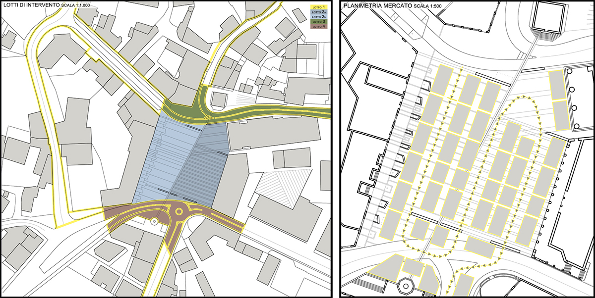 La riqualificazione della magnifica piazza monumentale di Valdobbiadene trasforma le impronte storiche degli edifici in uno spartito di segni che restituisce l'uso pedonale alla città | schemi lotti funzionali e mercato | Bottega di Architettura